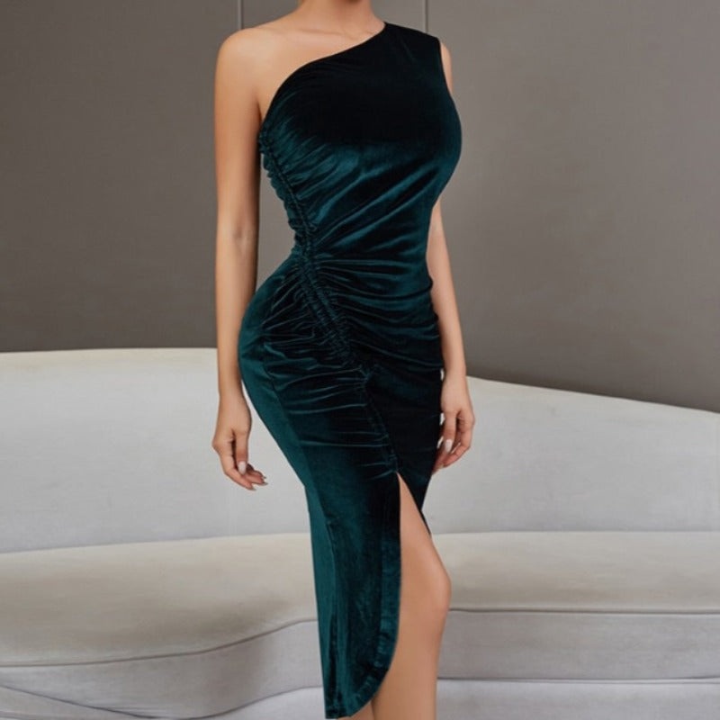 elegant and flattering Velvet One-Shoulder Cocktail Dress with side ruching and slit. Perfect for an anniversary date night, wedding guest dress, holiday party, cocktail party, or semi-formal event. Available in two rich colors: royal blue and a deep hunter green
