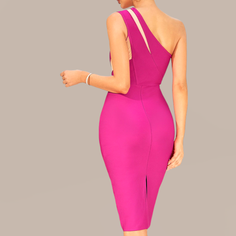 Rose Red Pink Bandage dress with mesh cutout detail and one shoulder strap and back slit for all day and night comfort. Fun and flirty cocktail evening dress perfect for any special occasion.
