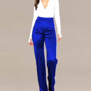 Satin Stretch High-Waisted trousers in a bright royal cobalt blue and black. Rich, luxurious fabric perfect for the office or any holiday event.