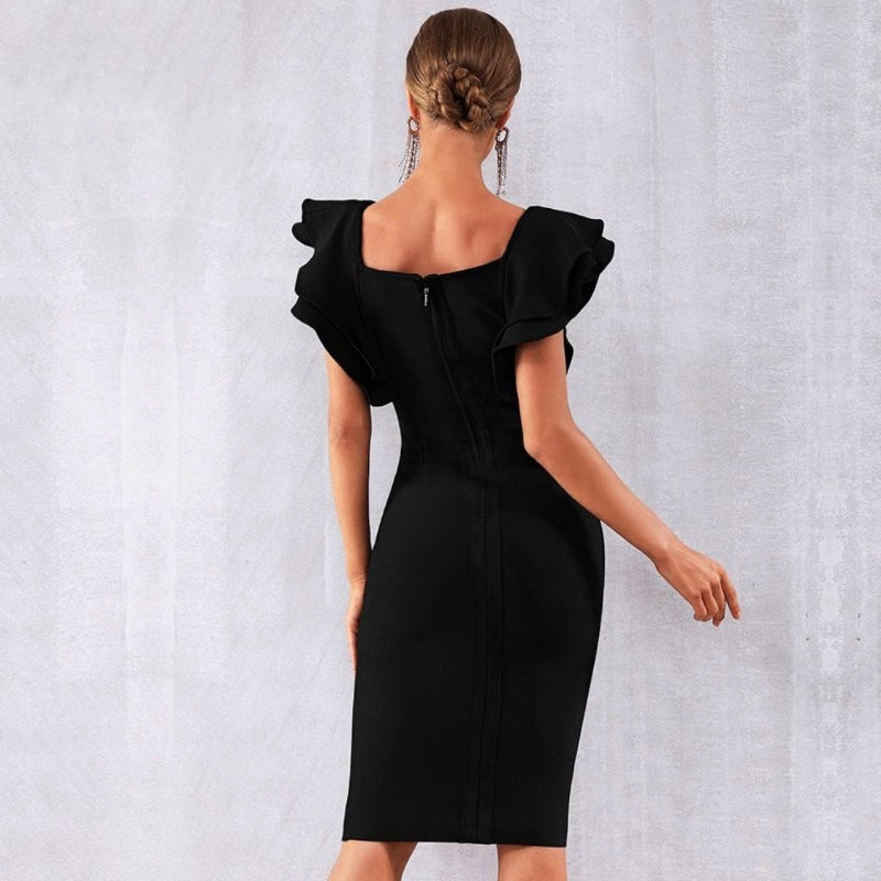 Shelley - Black Puff Sleeve Ruffle Hem Bandage Dress, Black Bandage  Dresses