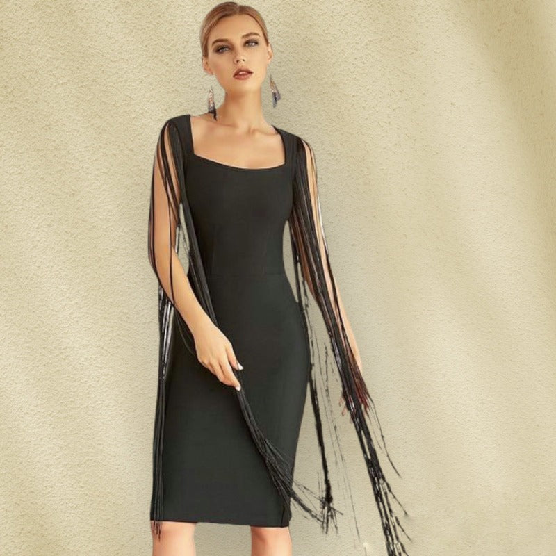Statement showstopper cocktail bandage dress with dramatic fringed sleeves. Great for a wedding event, guest, event gala or date night.