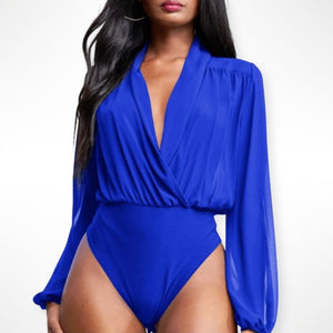 Chiffon Bodysuit perfect for the office, casual brunch or chic dressy evening look. Available in Royal Blue and Ivory White