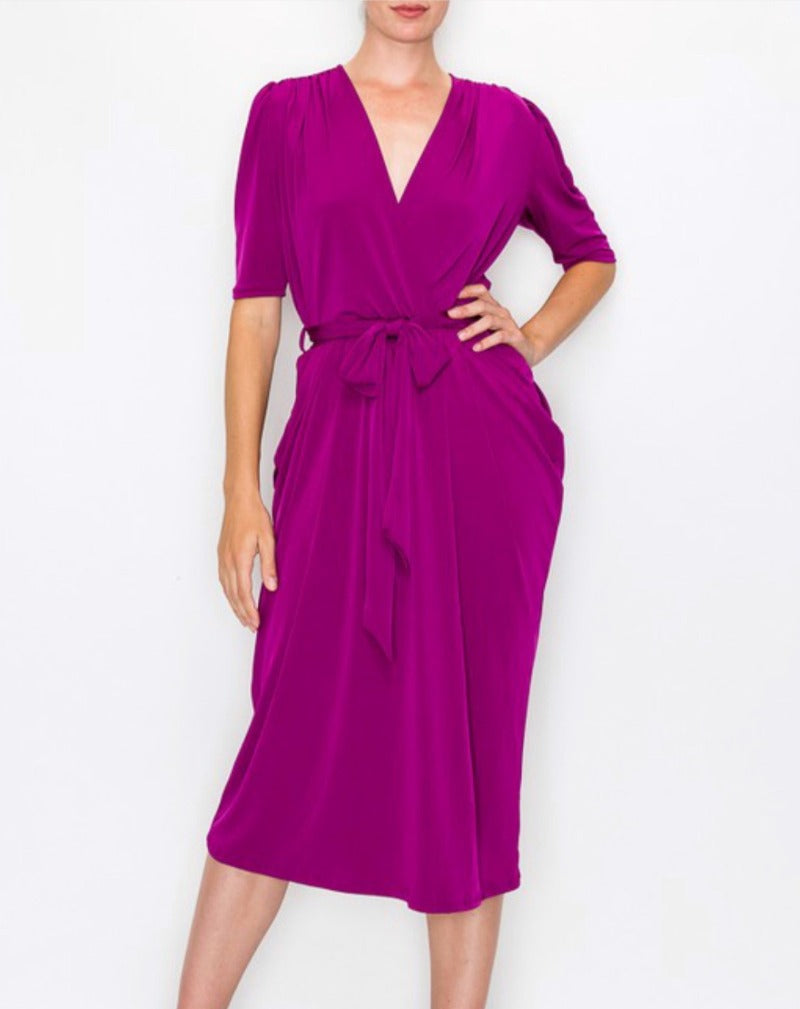 Magenta purple belted dress appropriate for the office, business casual work, or day semi-formal events. Plus curvy sizes available