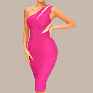 Rose Red Pink Bandage dress with mesh cutout detail and one shoulder strap and back slit for all day and night comfort. Fun and flirty cocktail evening dress perfect for any special occasion.