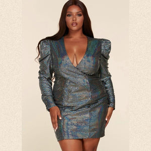 NYE plus size blazer dress in metallic disco-ball fabric with padded puff shoulders and deep v-cut neckline. Perfect cocktail dress for the holiday season.