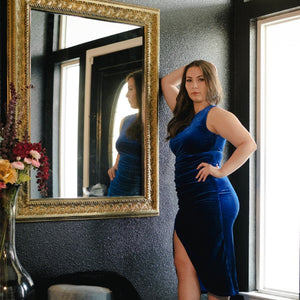 elegant and flattering Velvet One-Shoulder Cocktail Dress with side ruching and slit. Perfect for an anniversary date night, wedding guest dress, holiday party, cocktail party, or semi-formal event. Available in two rich colors: royal blue and a deep hunter green
