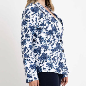 Plus-size curvy blazer fashion. Suitable for the office, professional work events, and business casual looks. Unique floral print and double-button closure with pockets