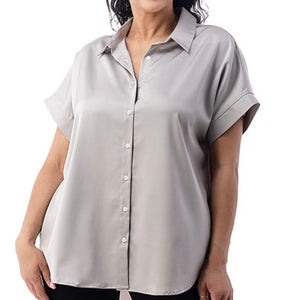 Basic Collared Short-sleeve blouse with luxury soft satin feel and oversized cut for all day comfort