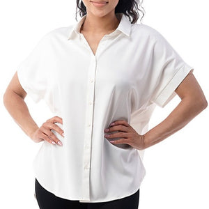 Basic Collared Short-sleeve blouse with luxury soft satin feel and oversized cut for all day comfort