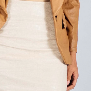  Alligator skin textured office skirt in cream color paired with tan vegan leather blazer