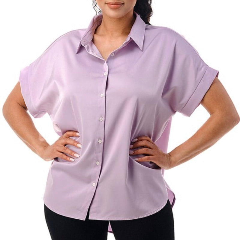 Basic Collared Short-sleeve blouse with luxury soft satin feel and oversized cut for all day comfort