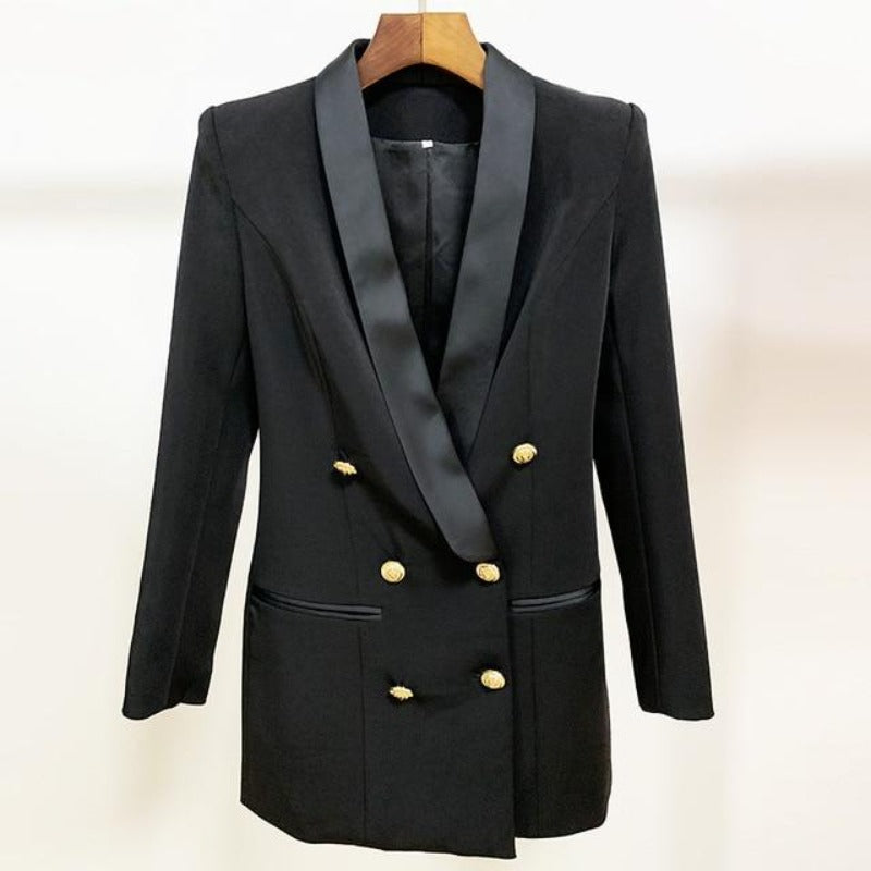 blazer dress that can be worn as a long coat or mini blazer dress. Style for the office, dinner or a night out. Padded shoulders, double-breasted with slit pockets and gold button details. Available 