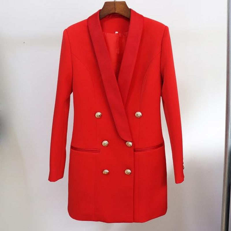 blazer dress that can be worn as a long coat or mini blazer dress. Style for the office, dinner or a night out. Padded shoulders, double-breasted with slit pockets and gold button details. Available in black, red, white, yellow, baby blue and pink