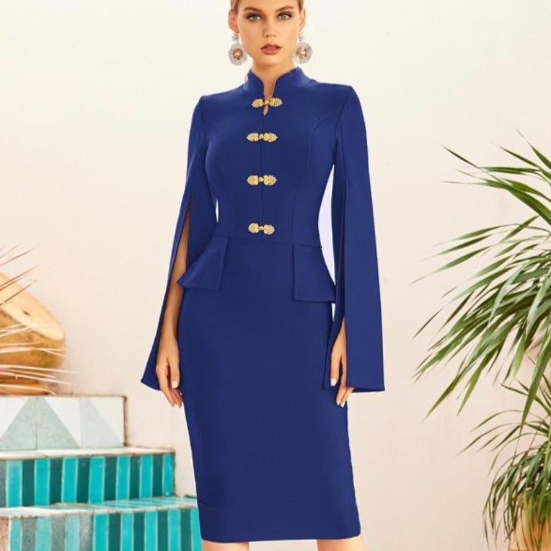 Cape cloak sleeve cocktail dress available in black, blue and burgundy with gold clasp button detail