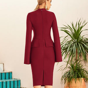 Cape cloak sleeve cocktail dress available in black, blue and burgundy with gold clasp button detail